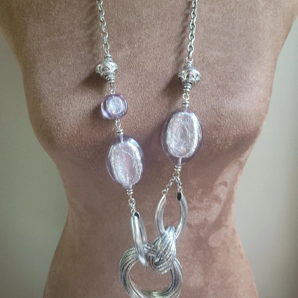 Silver Foil Lucite Bead Chunky Link‎ Statement Necklace Whimsical